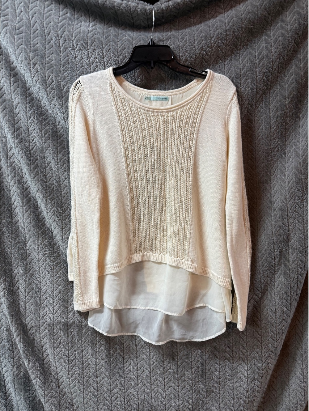 Maurices Cream Knit Sweater with Sheer Back and Button Detail, Size M